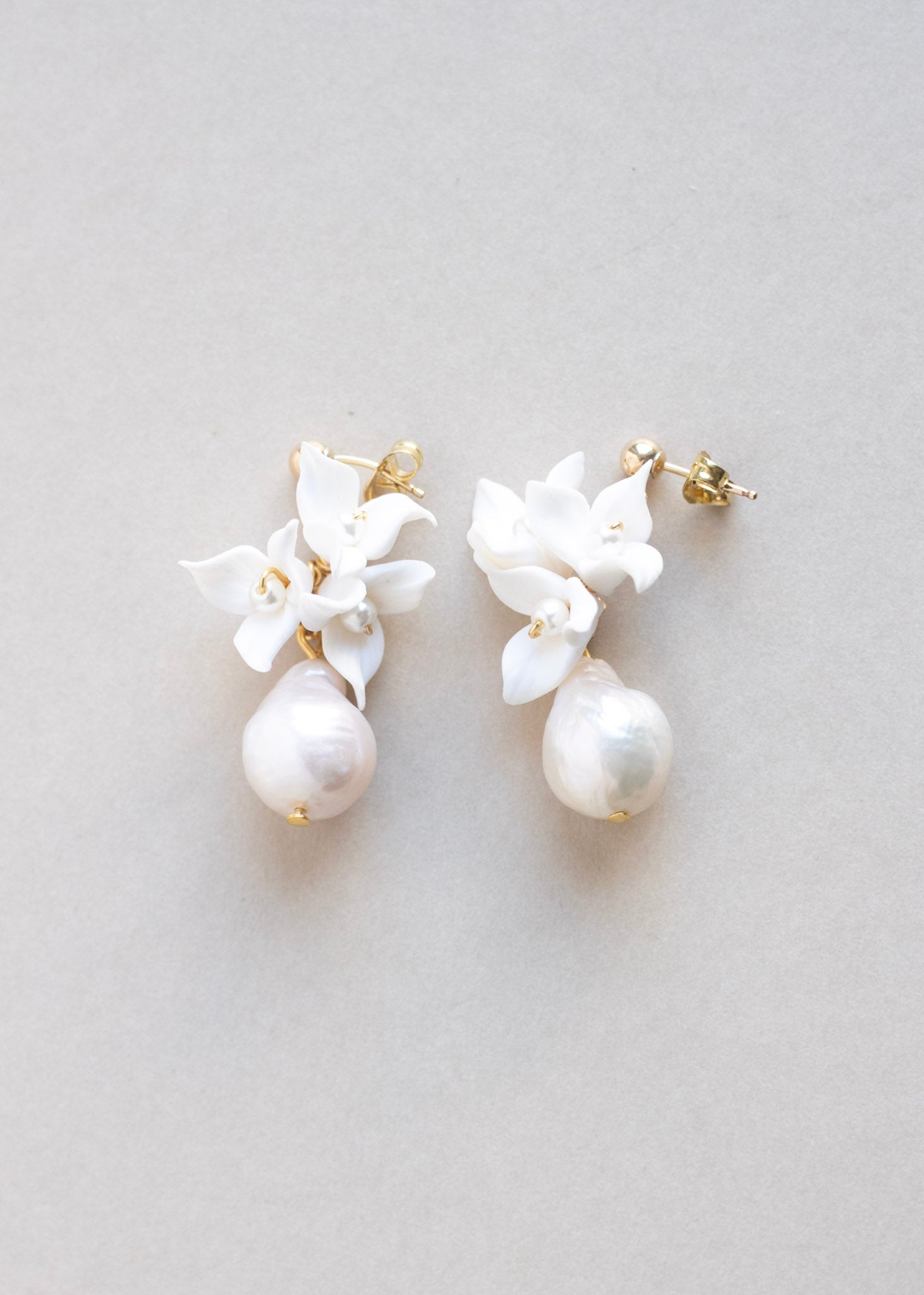 flower clay and pearl bridal earrings by megan therese