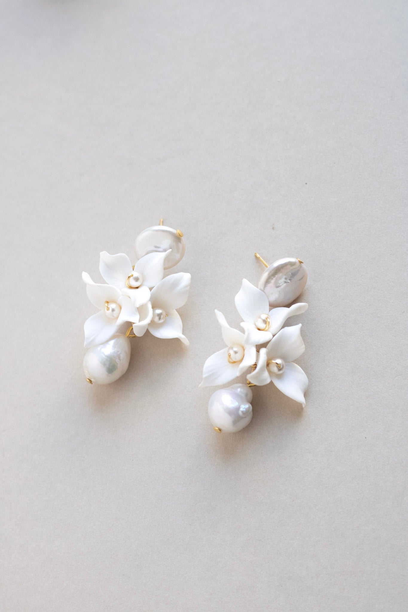 flower clay and pearl bridal earrings by megan therese