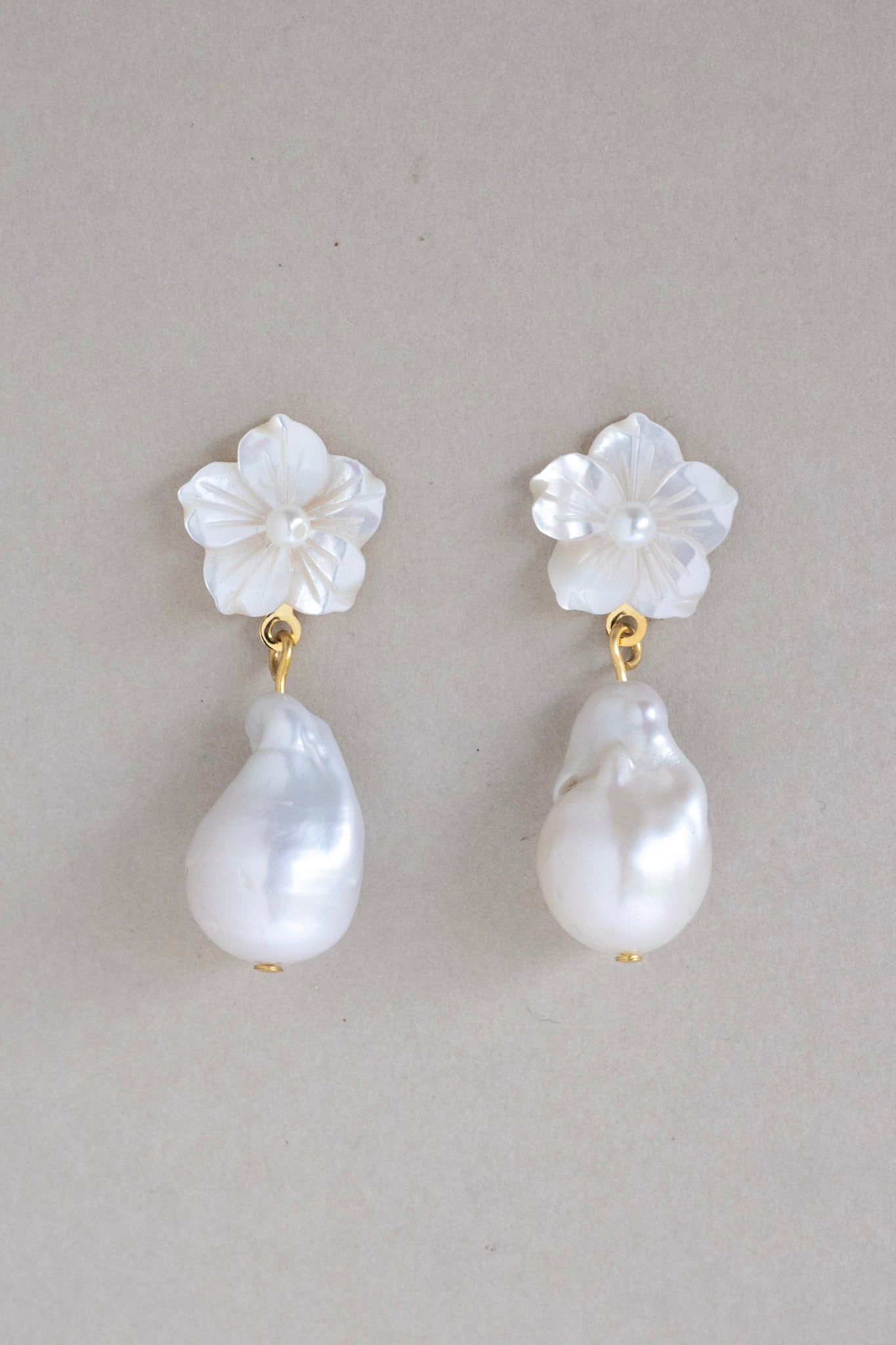 mother of pearl and baroque pearl bridal earring by megan therese