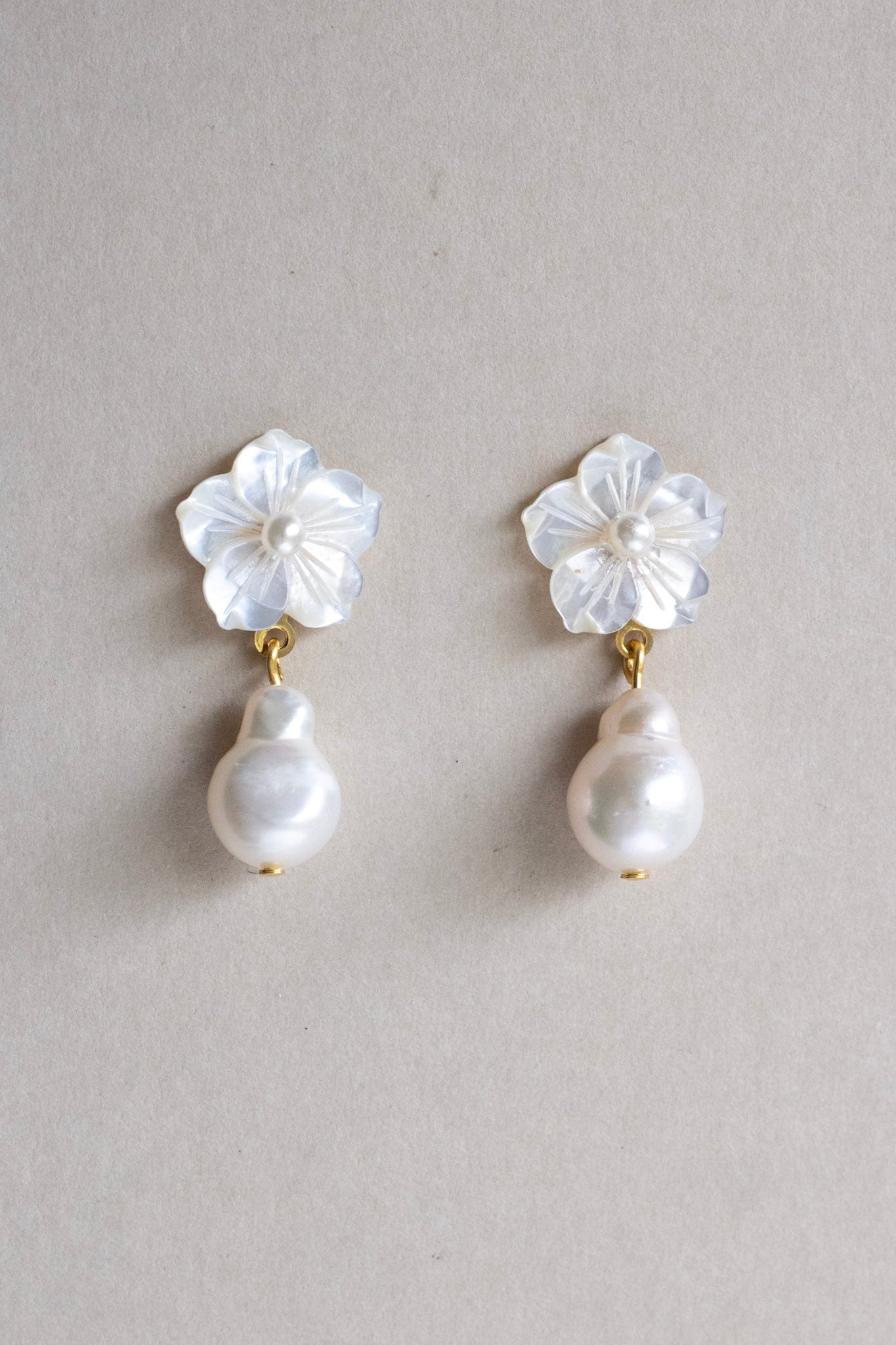 mother of pearl and baroque pearl bridal earring by megan therese