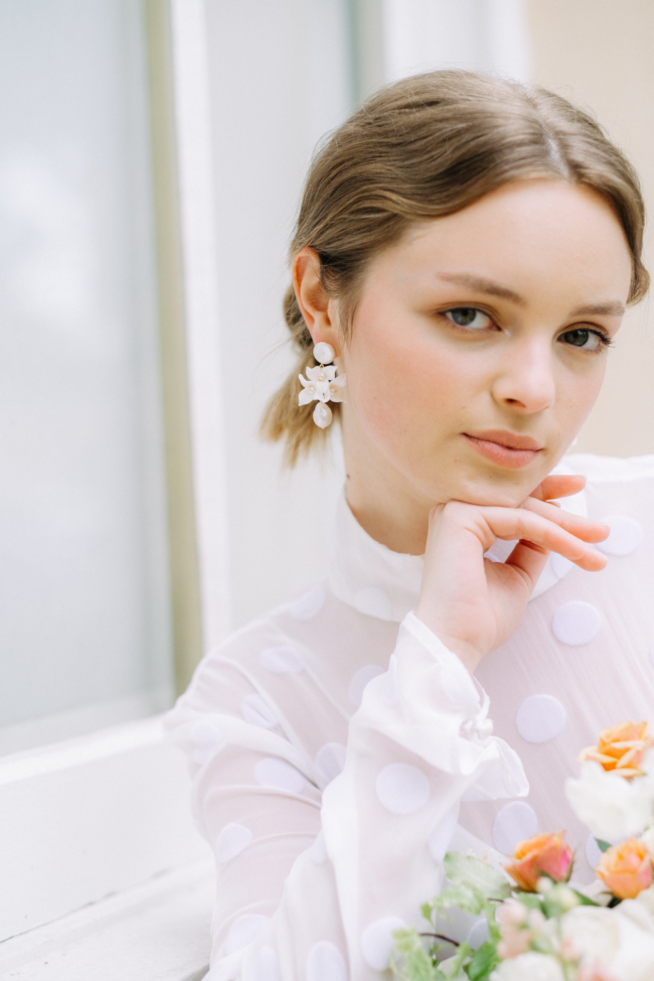 flower clay and pearl bridal earrings by megan therese