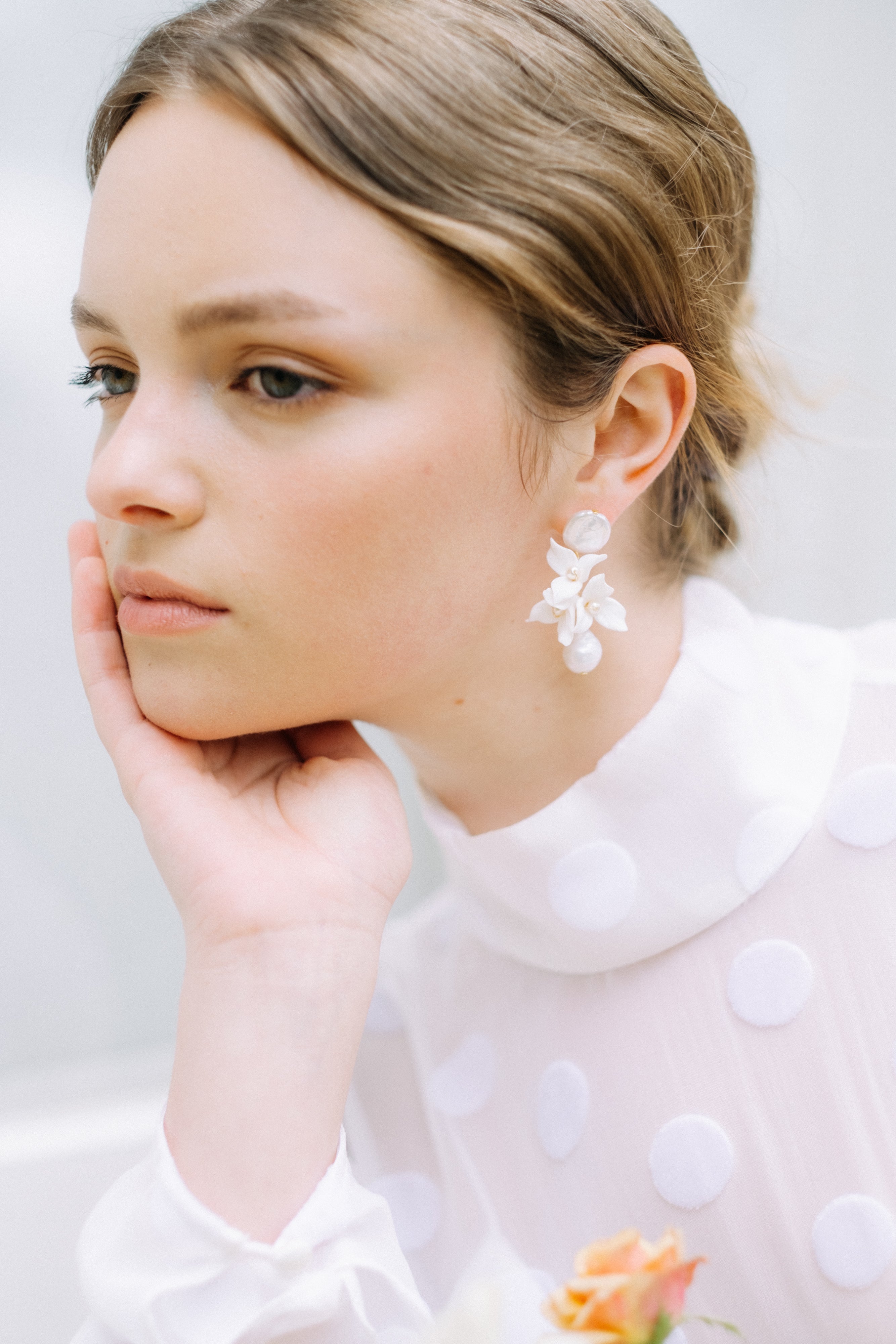 flower clay and pearl bridal earrings by megan therese