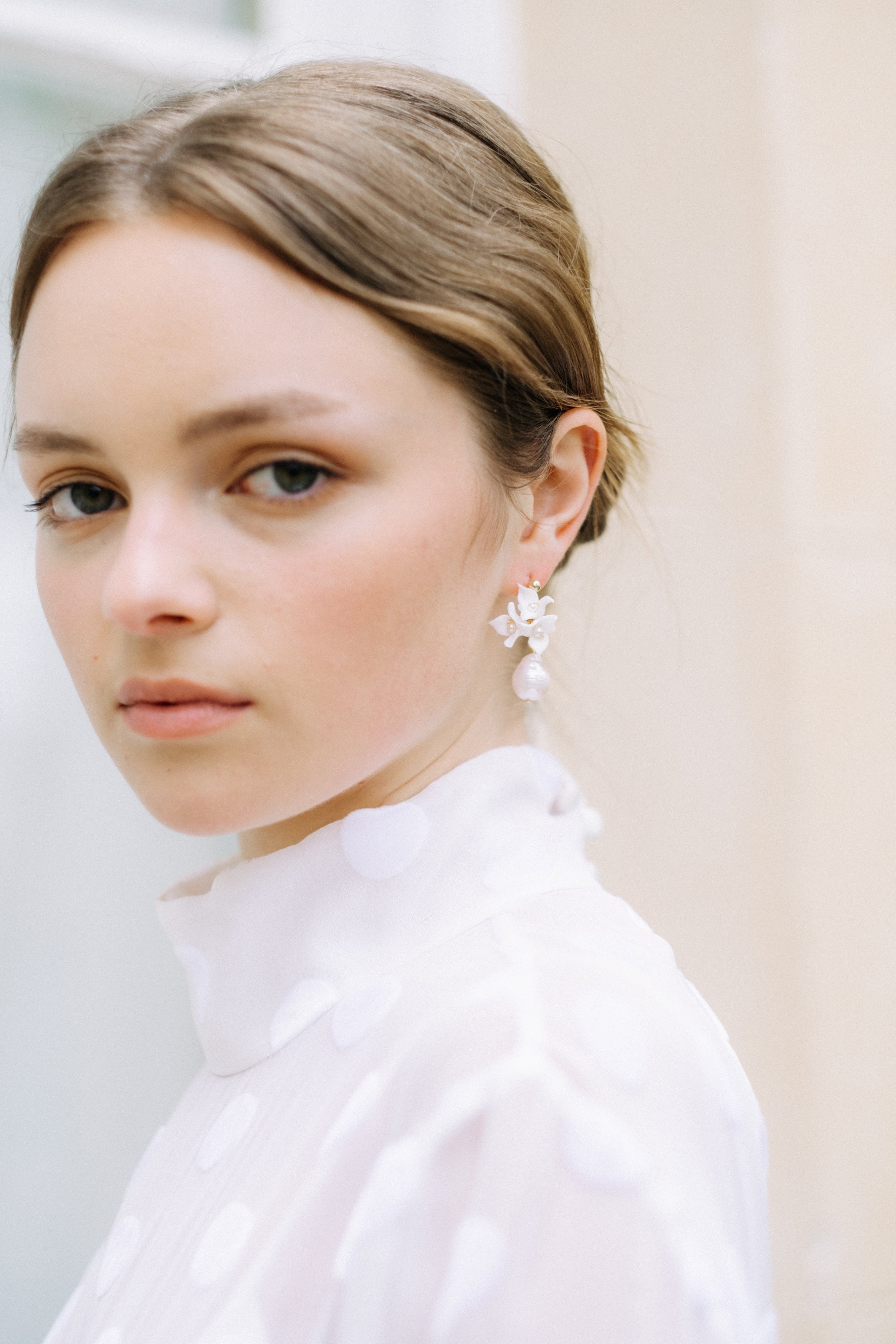 flower clay and pearl bridal earrings by megan therese