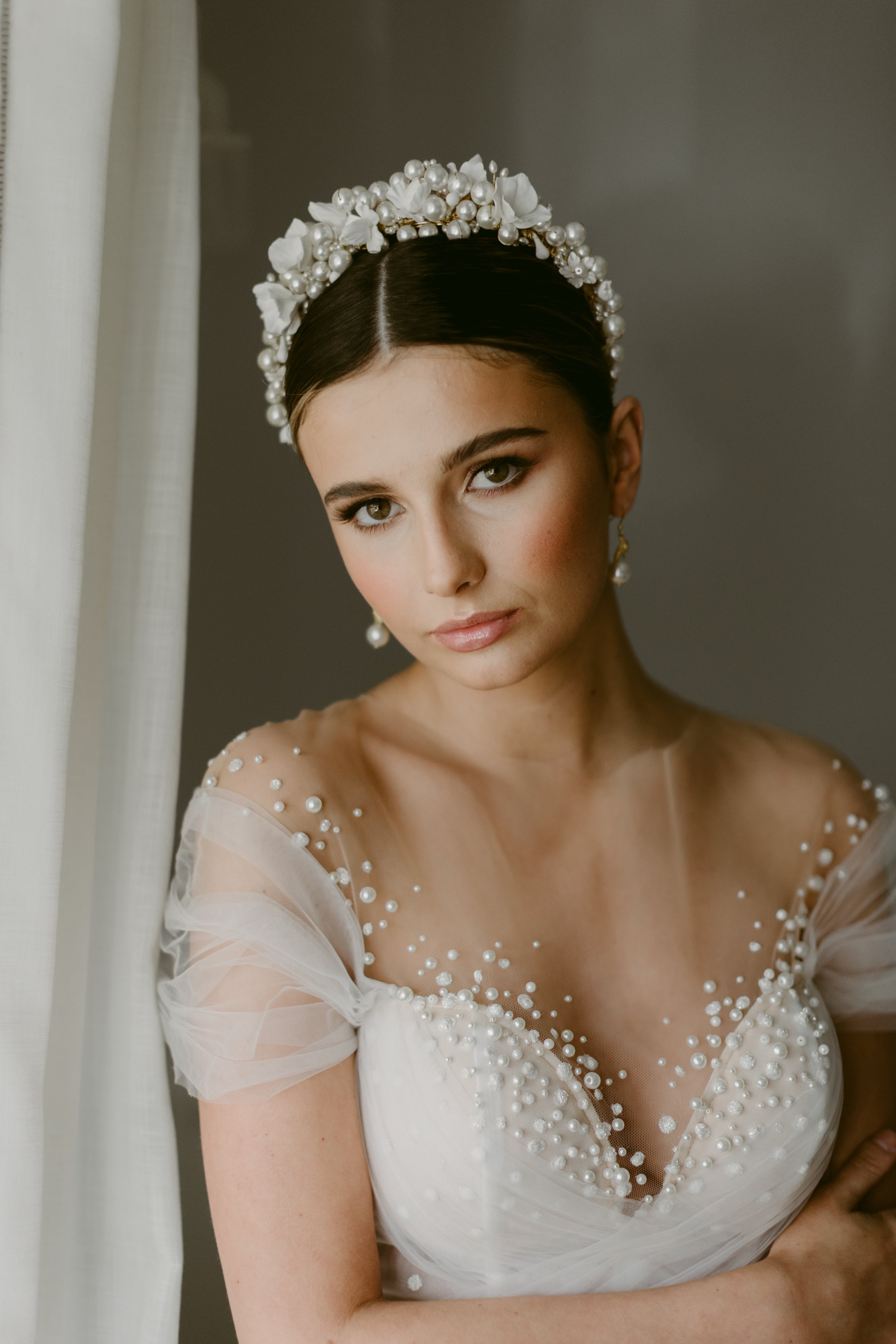 luxury bridal crown and earrings by megan therese